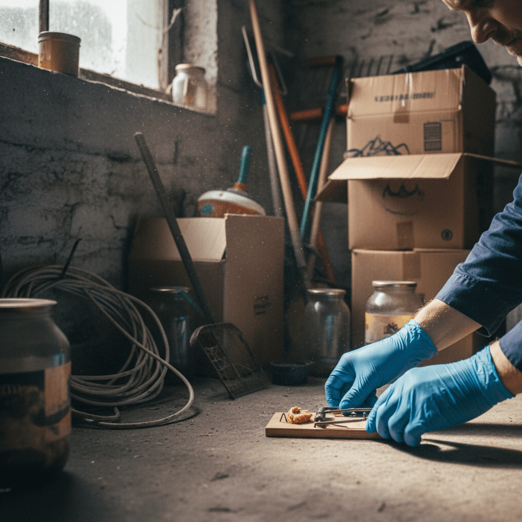 Kammerjäger für Mäuse bei der Arbeit mit professionellem Werkzeug