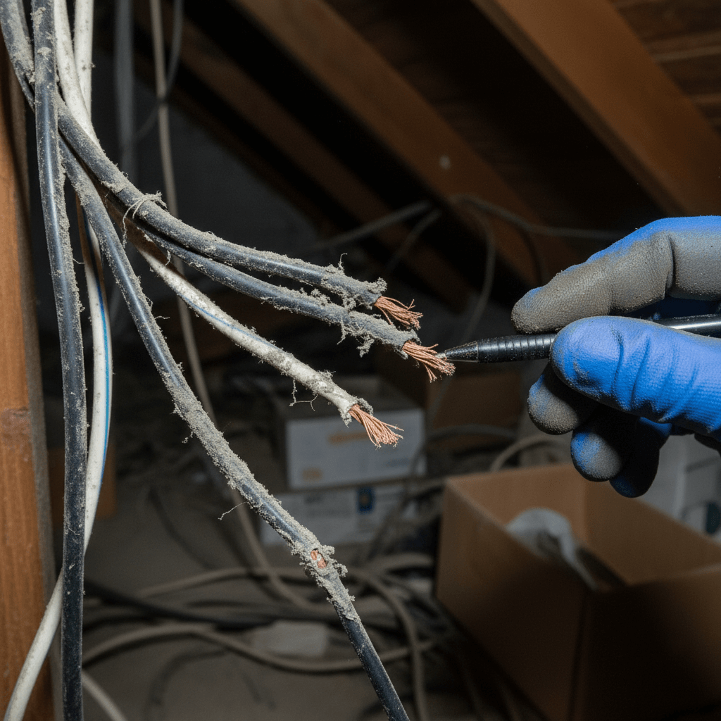 Techniker untersucht Nagespuren an einem Kabel