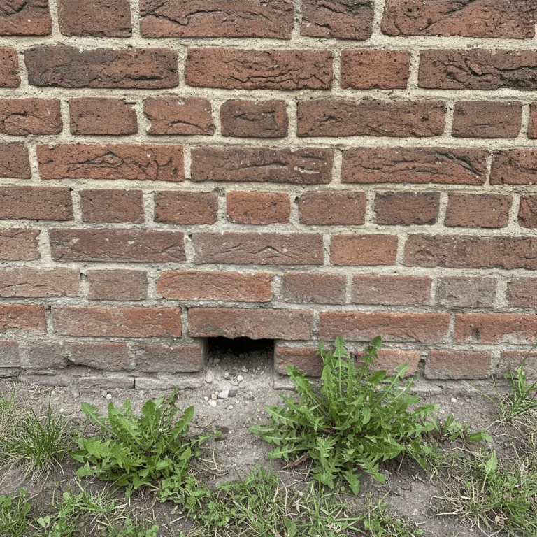 Außenaufnahme einer Hauswand mit kleiner Öffnung am Sockel, daneben Markierungskreide und Maßband zur Dokumentation